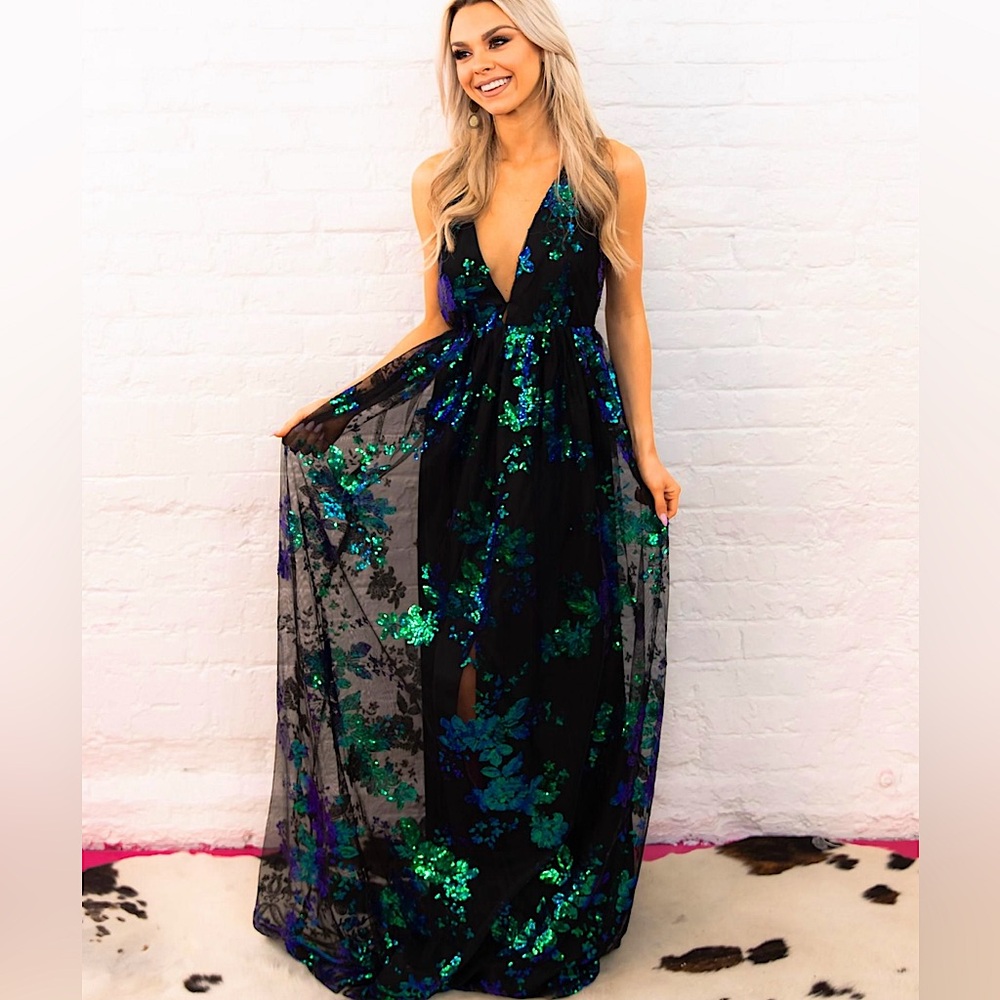Southern Fried Chics Philomena Peacock Black w/ Blue Green Sequin Maxi Dress